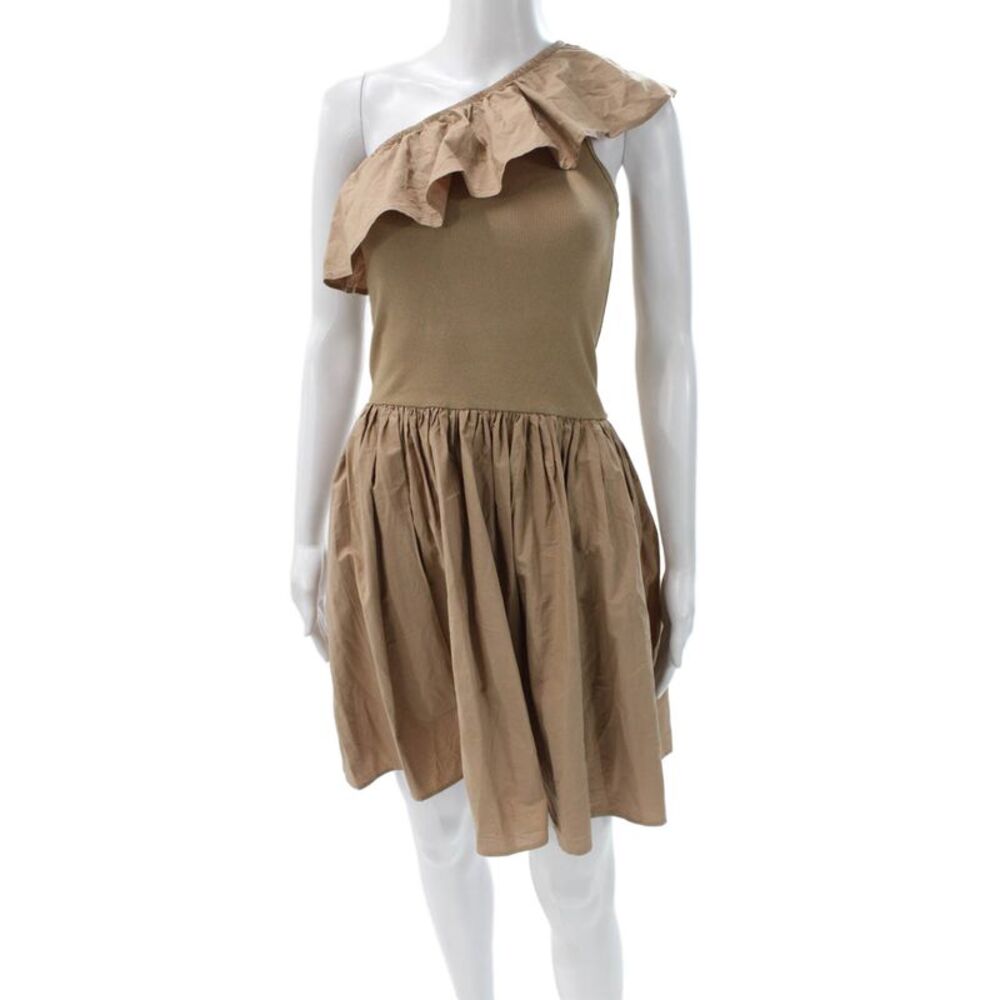 Molo Girls A-Line Ruffle Dress Beige One Shoulder Sleeveless Cotton Size S
